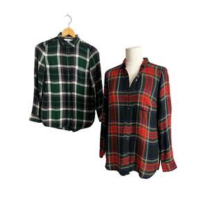 Old Navy Plaid Tunic Shirt Lot 2 Womens XS Green Red Button Up Flannel Fall